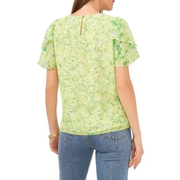 VINCE CAMUTO Floral Ruffle Flutter Short Sleeve Blouse Bright Emerald NWT Medium - Picture 2 of 9